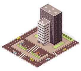 Isometric offices or business center. Town apartment building city map creation with street and cars. Infographic elements. City house composition with roads