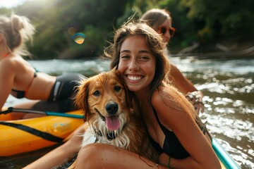 A happy woman and her loyal dog enjoy a peaceful outdoor adventure in their boat, smiling as they glide down the calm brown river, both wearing life jackets for safety - Powered by Adobe
