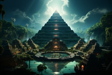 a large pyramid is surrounded by trees and a body of water - obrazy, fototapety, plakaty