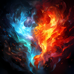 Abstract fire and ice elemental clash.