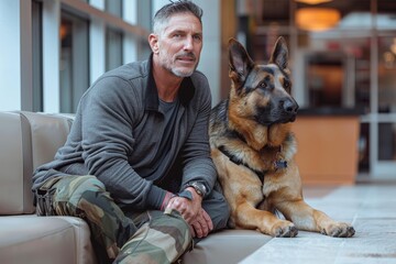 A ruggedly dressed man sits calmly beside his loyal german shepherd, a proud police dog, as they both take a moment to rest on the smooth indoor floor, their human and canine faces reflecting a stron