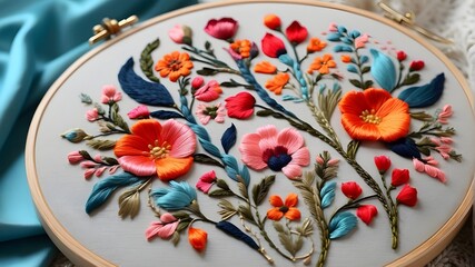 Obraz na płótnie Canvas Needlework, stitching, patterns, traditional embroidery, and modern ethnic folk embroidery. Beginners Guide to Hand Embroidery. Hand embroidered with a satin stitch