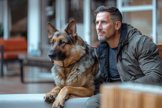A rugged man dressed in a police uniform sits indoors with his loyal german shepherd by his side, both wearing matching collars and exuding a strong sense of companionship and trust