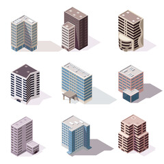 Collection isometric offices or business center icons. Town apartment building city map creation. Architectural 3d illustrations. Infographic elements. City house compositions