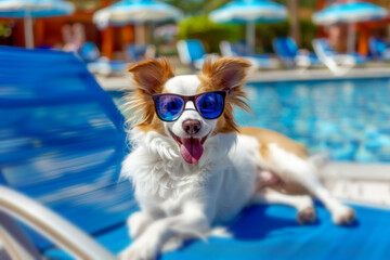 Joyful dog wearing sunglasses lounging on a sun lounger perfect summer and vacation concept.