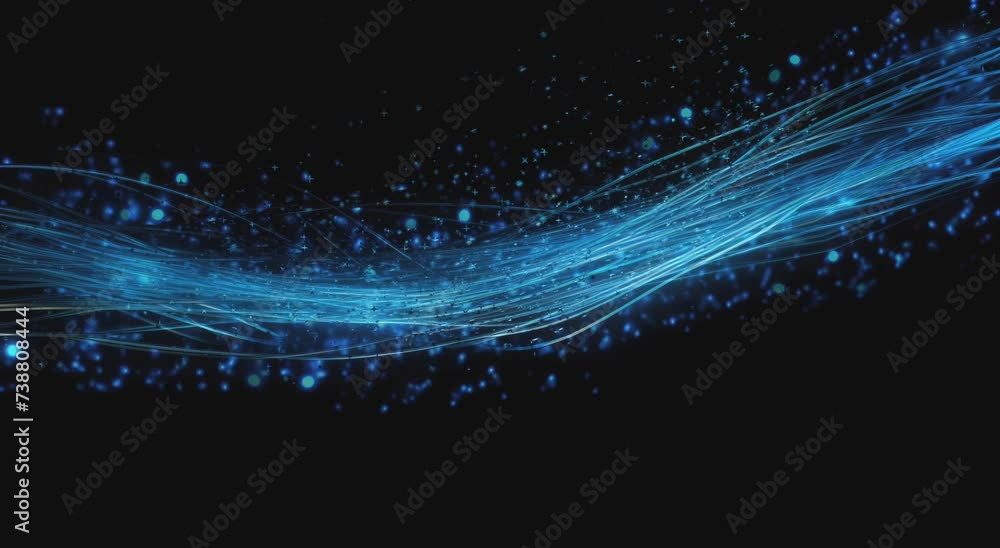 Poster an abstract composition of digital blue particles flowing in wave-like formations, set against a bac