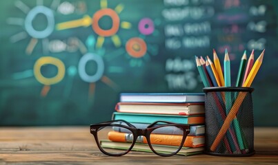 A composition of glasses, textbooks, and pencils laid out on a table with a chalkboard background illustrates the fundamental elements of education for societal advancement