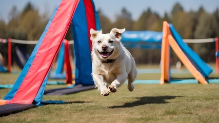  Dog agility tunnel. Dog sports tournaments such as dog agility slalom. Equipment for teaching dogs agility. A contented dog leaps and runs on an agility field..
