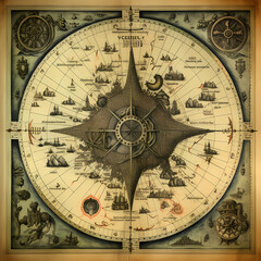 Ancient map with sea monsters and compass rose.