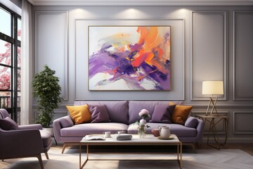 Interior design with a purple sofa and a large painting in the living room