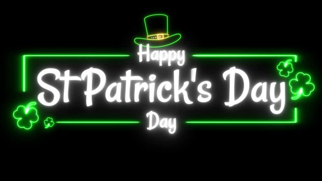 Saint Patrick's Day neon animation happy St Patrick's Day neon style greeting background with tophat and clover leaf looping alpha 4k
