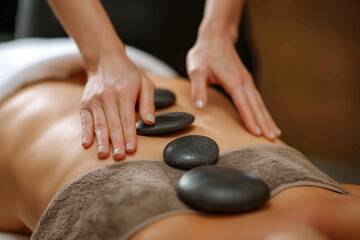 A serene person receiving a soothing hot stone massage indoors, as the warm stones melt away tension and soothe their tired muscles while their nails and veins relax, bringing pure bliss to their toe