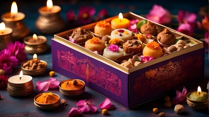 Indian sweets are found in Diwali boxes. Gift box of mixed Diwali sweets. Diwali Deepavali celebrations with lights, candles, flowers, and vibrant, traditional foods and sweets in boxes