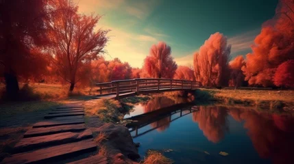 Keuken spatwand met foto autumn landscape in river © kucret