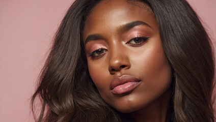 Naklejka premium Feminine Grandeur: Black Model on a Pink Background
