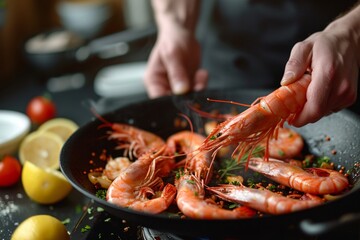 a person holding a shrimp in a pan - obrazy, fototapety, plakaty