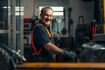 Fototapeta na wymiar Portrait of a mechanic in a car workshop