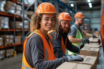 A team of industrious workers donning high-visibility orange and hard hats, their determined faces set for a day of construction and engineering in the bustling warehouse
