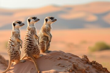 Meerkat Trio Surveying Desert Landscape, Wildlife Concept - obrazy, fototapety, plakaty