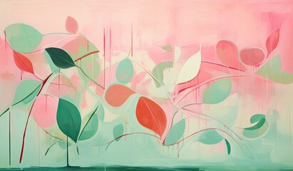 A bright pink and green abstract layout with green leaves