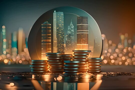 Financial investment concept, Double exposure of city night and stack of coins