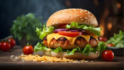 A really seductive wallpaper with a three-dimensional image of a juicy chicken burger. Served between fluffy sesame seed buns, the picture features a flawlessly grilled and seasoned chicken patty 