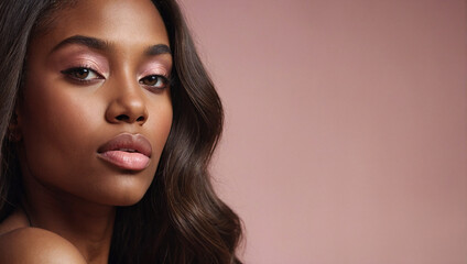 Fototapeta premium Pink Reverie: Black Woman Embracing the Soft Background
