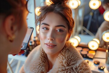 A radiant woman donning a luxurious fur coat and a warm smile, her brown hair cascading over her human face, exuding elegance and confidence in an indoor setting