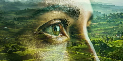 Foto op Aluminium A persons eyes gazing at a green landscape, reflecting a deep connection with nature , concept of Eco-consciousness © koldunova