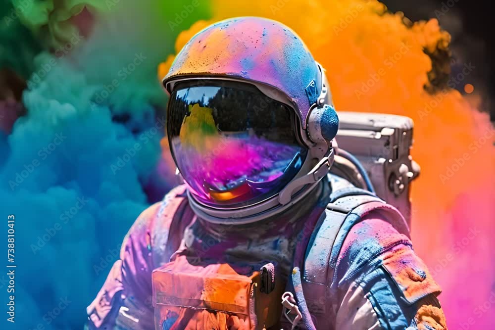 Wall mural astronaut in outer space. man in spacesuit and helmet with colorful paints
