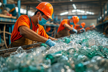 Group of men selecting plastic bottles at recycling factory - obrazy, fototapety, plakaty