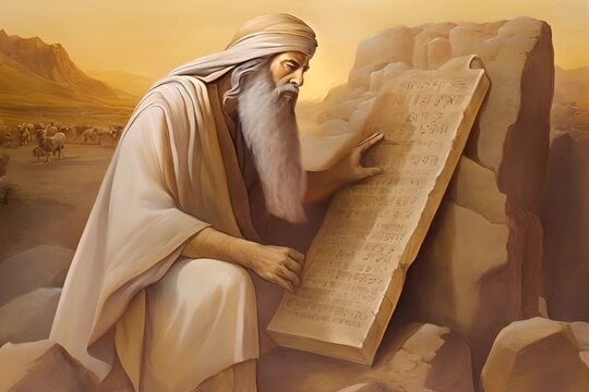 Moses holds a stone tablet with the 10 commandments received from God. Oil painting