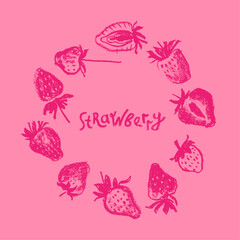 Strawberry wreath with berries drawings for juice label, cosmetics packaging design, healthy food banner template. Hand-drawn vector strawberries garland illustration. Red berry chaplet.