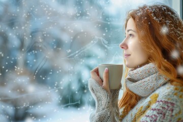 Winter Comfort: Woman Enjoying a Warm Drink by the Window, Cozy Season Concept
