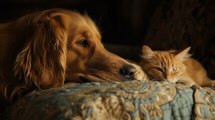 Cat and dog together on floor indoors. Fluffy friends