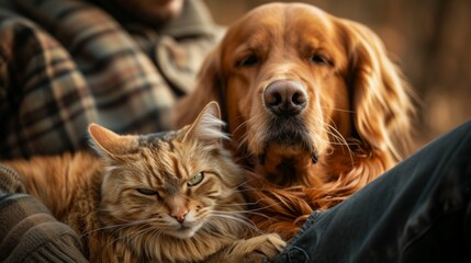 Cat and dog together on floor indoors. Fluffy friends