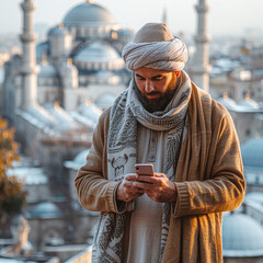Person using cutting-edge mobile phone, cityscape background, blend of tradition and tech.