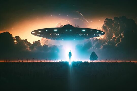 Flying saucer at night in a field and a silhouette of a person below. Invasion of extraterrestrial life, contact with aliens