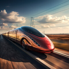 Futuristic train traveling at high speed.