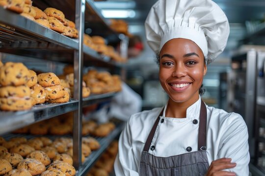 A skilled baker proudly displays her delectable creations in her cozy bakery, wearing a chef's hat and a warm smile as she invites customers to indulge in her delicious assortment of cookies and donu