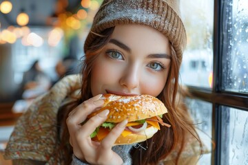 A hungry woman takes a satisfying bite of her juicy burger, her human face lit up with joy as she indulges in the classic american fast food snack inside an indoor restaurant, the bun and bread addin