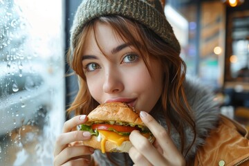 A young woman indulging in the all-american comfort of a juicy burger, her mouth watering as she takes a bite of the perfectly stacked sandwich, savoring every flavorful bite in the warm outdoor sett