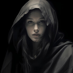 Grayscale portrait of a mysterious figure.