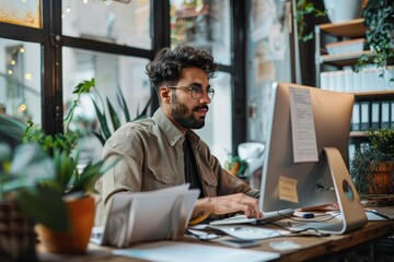 Fototapeta premium A man engrossed in work, surrounded by the comfort of his indoor furniture, sits at his desk in front of a large window, dressed in casual clothing, with a houseplant by his side, typing away on his 