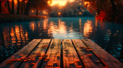 Tuinposter Peaceful Lake Dock: A Wooden Pier Extends into a Serene Lake at Sunset, Offering Solitude © SK