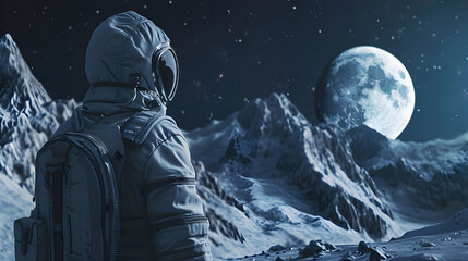 Female Astronaut Looking towards mountain majestic night scene - Ai Generated