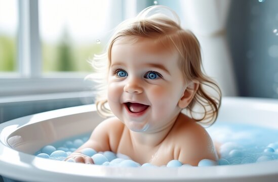 Happy laughing baby girl with long hair and blue eyes plays in the bathtub with bubbles of foam against the background of the window. Child care and hygiene concept