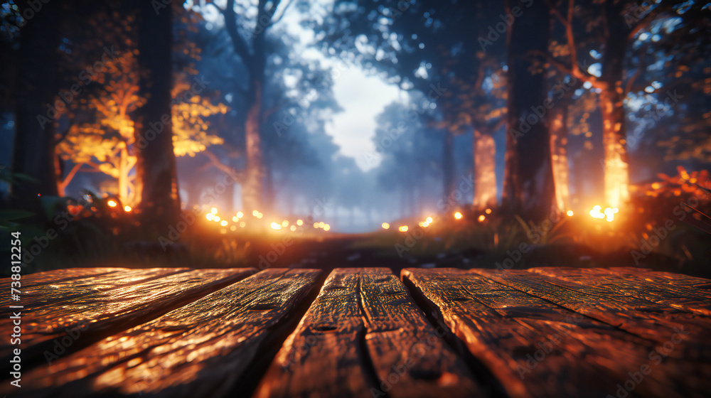 Poster enchanted forest path: sunlight filters through misty woods, creating a magical atmosphere