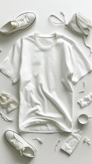 t shirt mock up with shoes, bags and bag, in the style of handcrafted designs, light white and white, poured resin, extruded design, rustic charm, double lines, simple designs