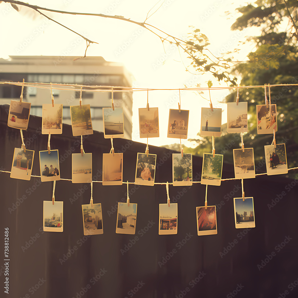 Wall mural Polaroid photos hanging on a string. 